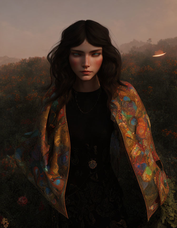 Dark-haired woman in patterned jacket against twilight backdrop