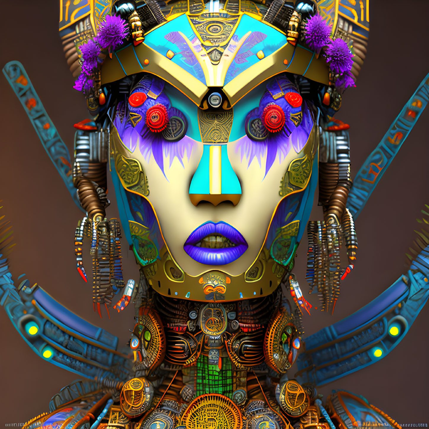 Vibrant digital artwork of futuristic humanoid mask with intricate patterns