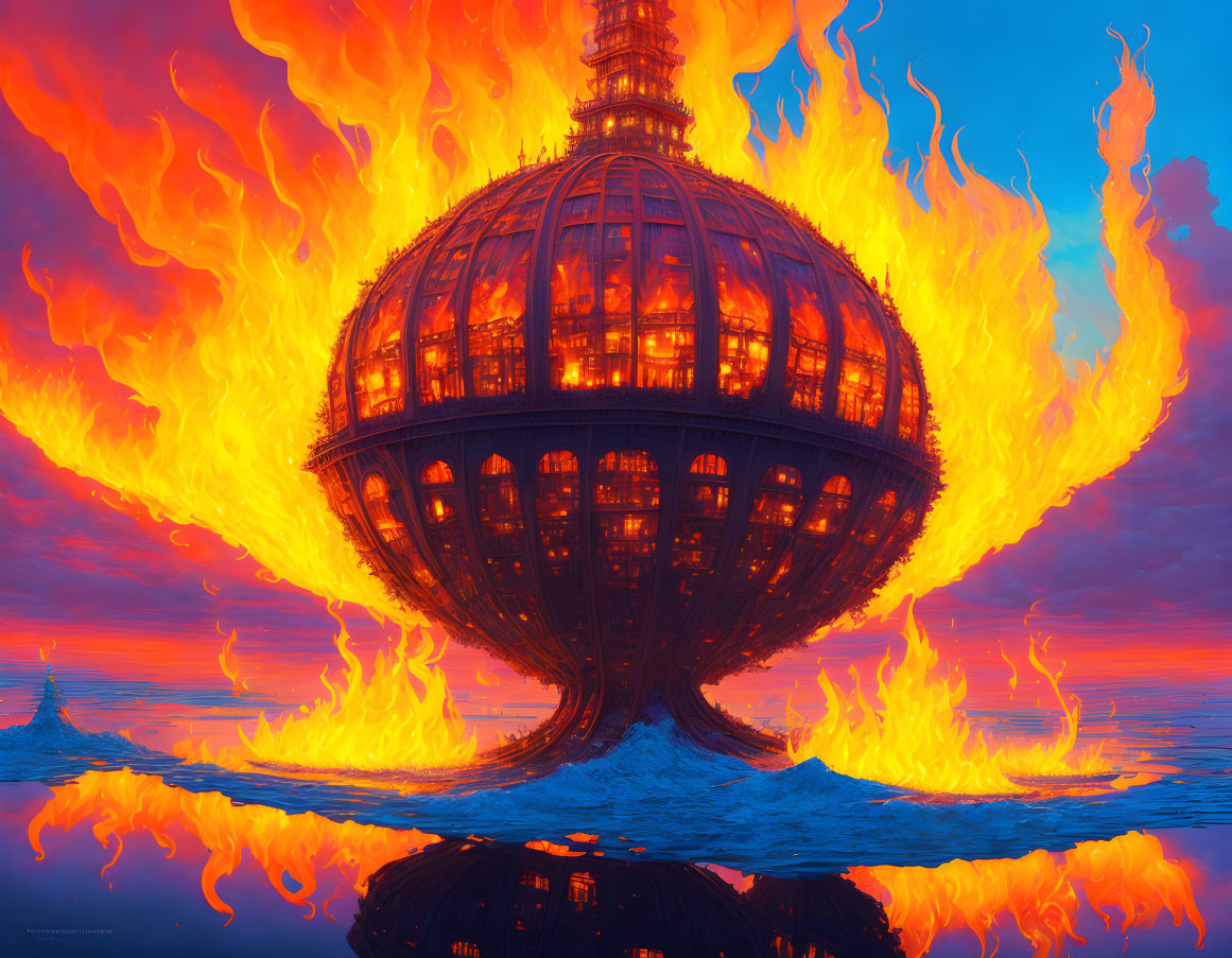 Flaming sphere floating on water at sunset