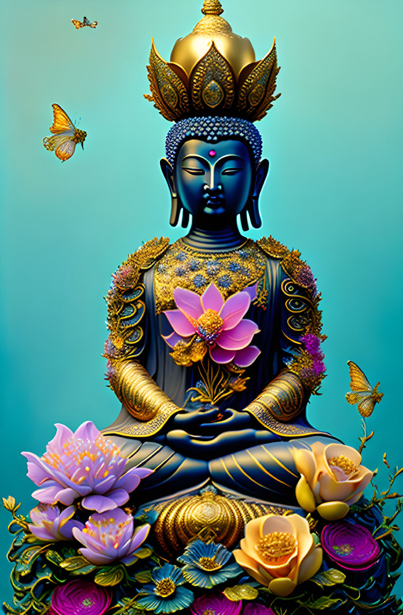 Seated Buddha with golden crown, lotus flowers, butterflies on blue background