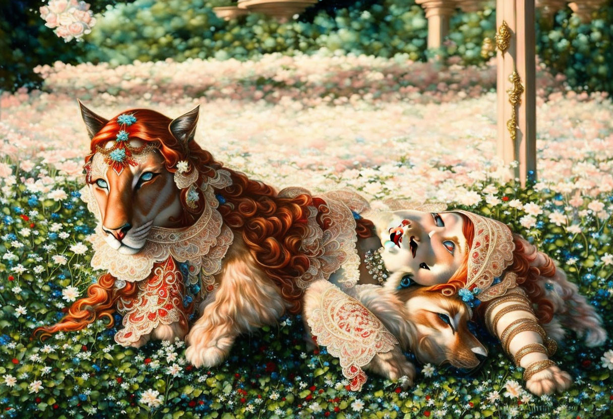 Detailed artwork of woman with tiger features and feline companion in floral field