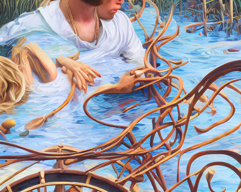 Surreal portrait of man with reflective expression in water, twisted wooden structures, second face on shoulder