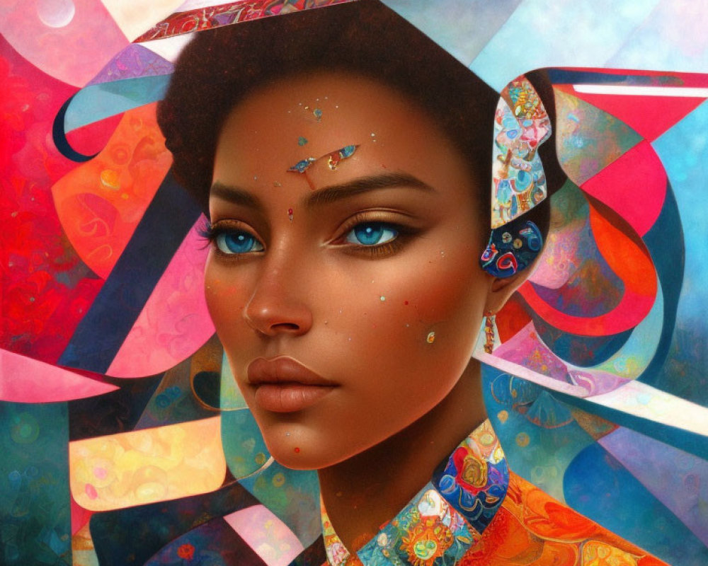 Colorful digital portrait of a woman with blue eyes and geometric patterns in ornate clothing