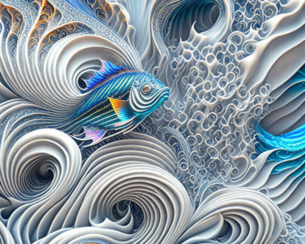 Colorful Stylized Fish Swimming in Abstract Blue and White Waves