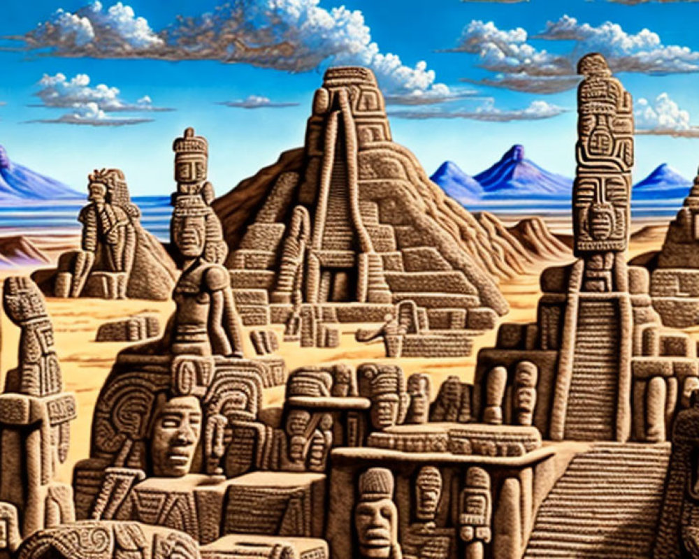 Surreal anthropomorphic sandstone formations in a carved landscape