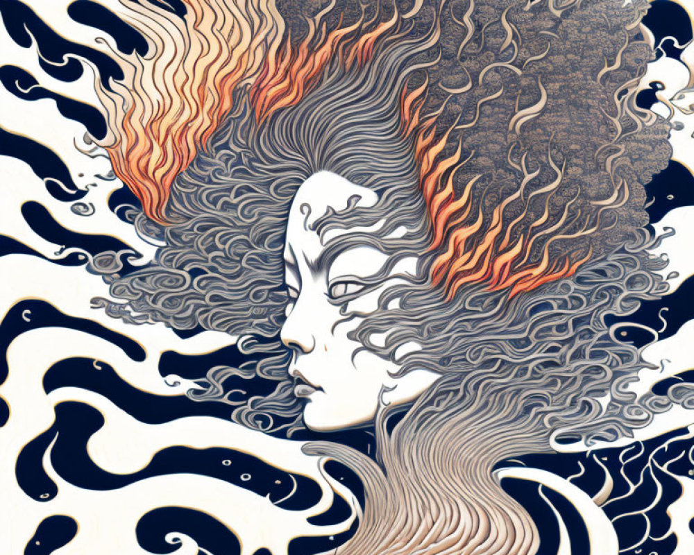 Woman with flowing hair merging into wave-like patterns in orange and red hues against blue and white background