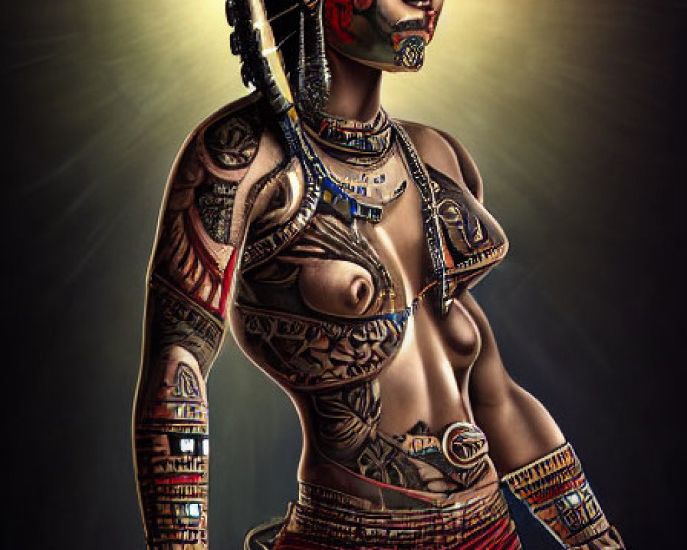 Detailed illustration of person with intricate body tattoos and cultural adornments wearing feathered headdress and beaded