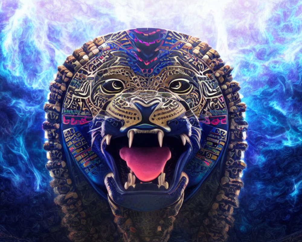 Colorful digital art: fierce jaguar head with tribal patterns on cosmic background