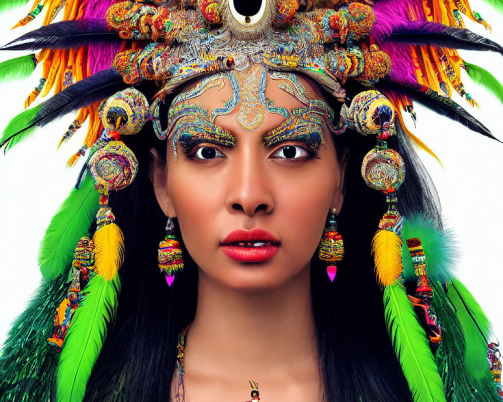 Colorful headdress and ornate jewelry on woman against white background