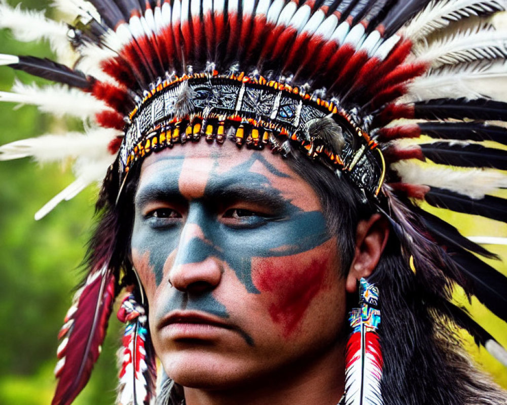 Traditional Native American headdress with feathers, face paint, and beadwork on a person.