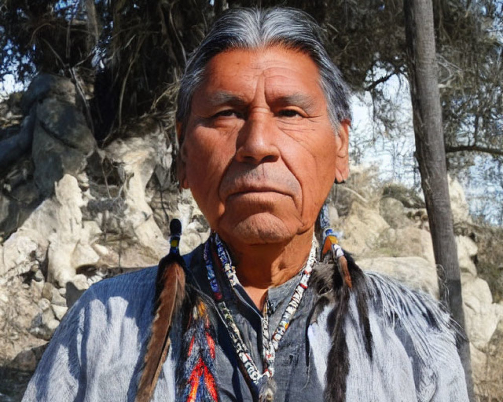 Portrait of stern man with long gray hair in traditional attire and feathered accessories against nature backdrop