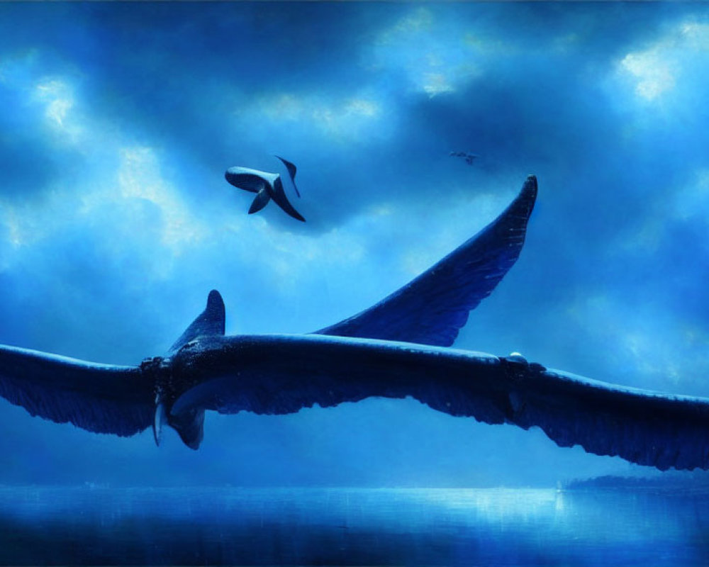 Giant whale and bird in surreal ocean scene under moody blue sky