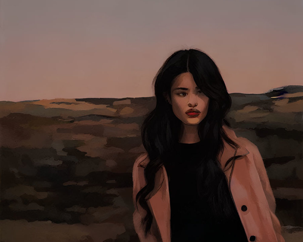 Young woman with black hair in blush jacket standing in dusky landscape