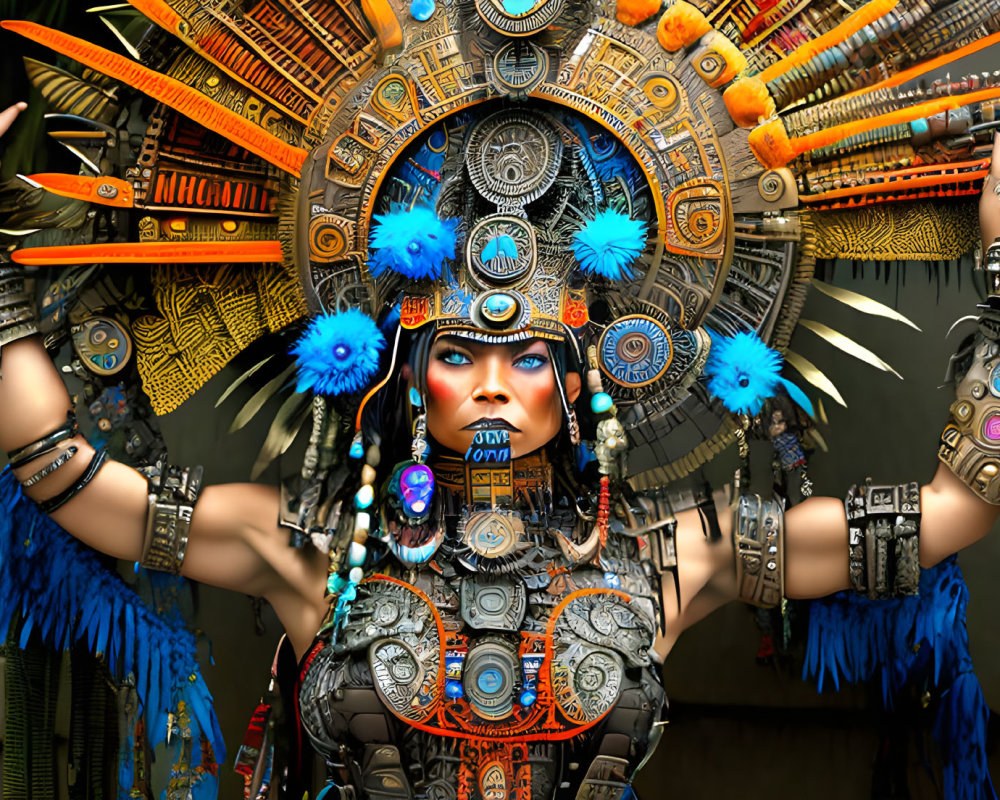 Elaborate Aztec-inspired headdress and jewelry with feathers, beads, and metalwork.