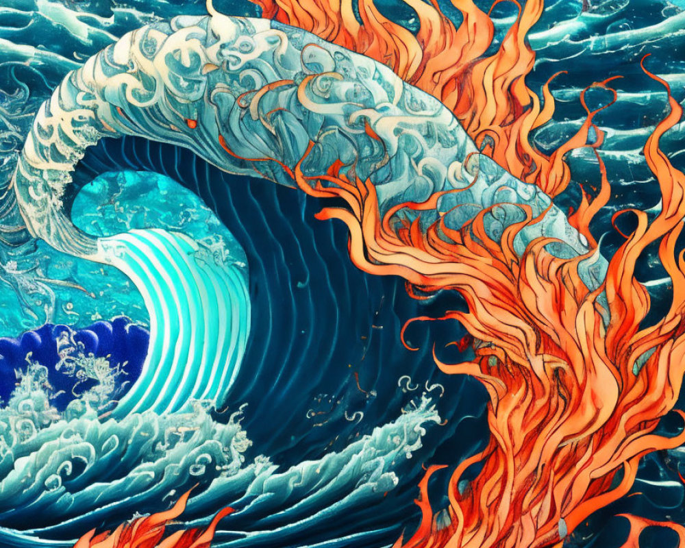 Dynamic Wave Artwork: Vibrant Blue Wave Amidst Swirling Flames