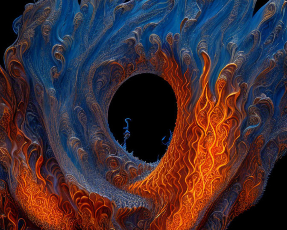 Blue and Orange Swirling Vortex Fractal Art with Flame-Like Patterns