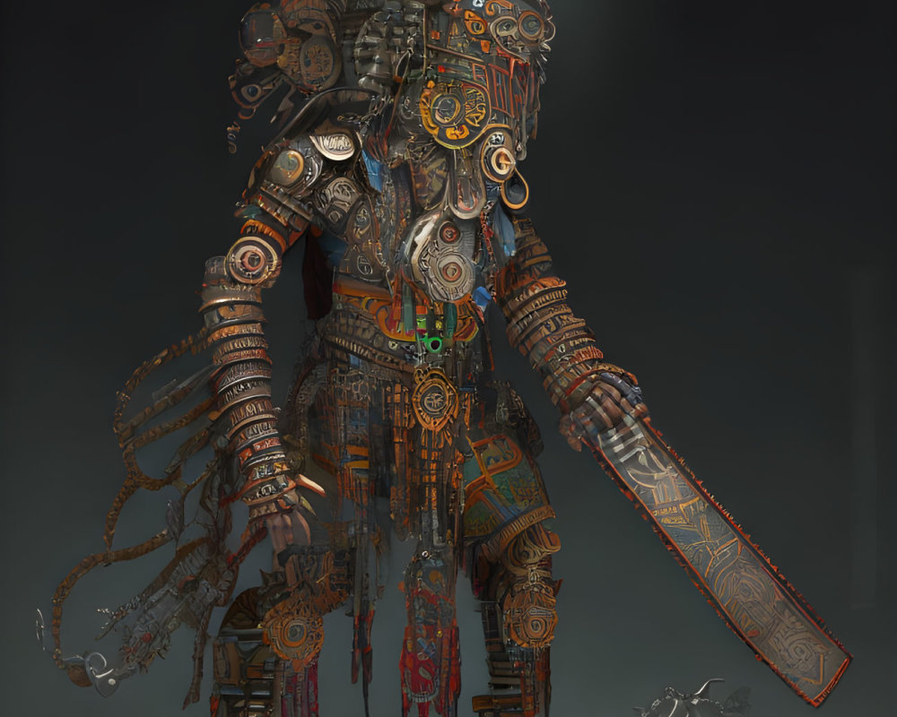 Intricate mechanical warrior with tribal adornments