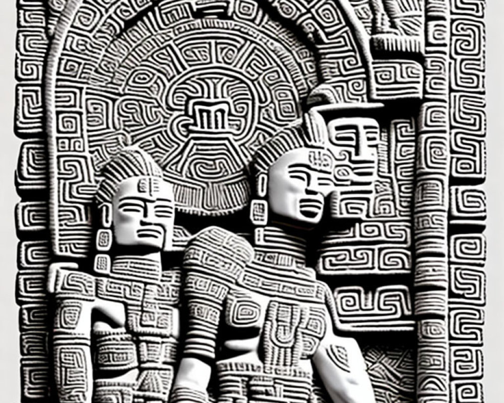 Detailed Stone Carving of Mayan or Aztec Figures and Symbols