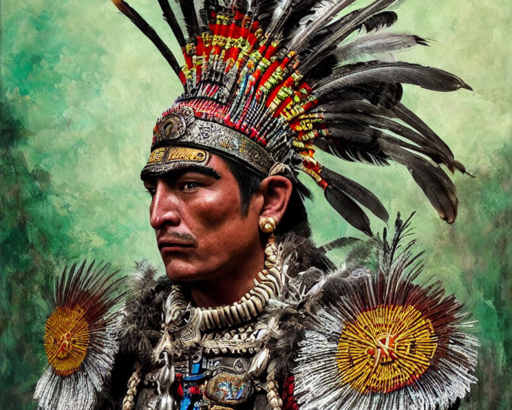 Elaborate traditional indigenous attire with feathered headdress and painted face