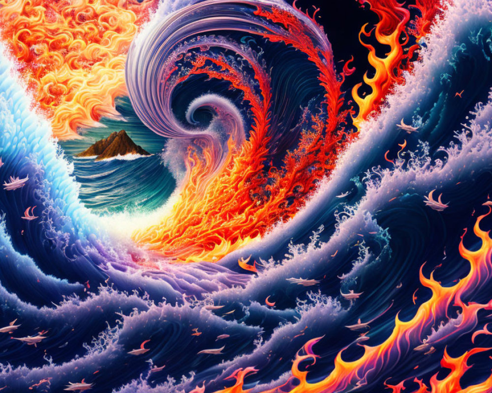 Digital Art: Fiery Wave with Island and Intricate Patterns