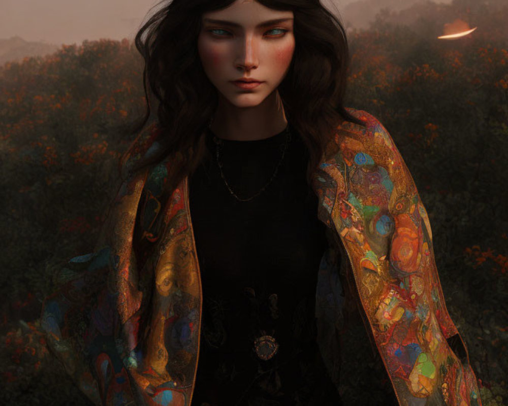 Dark-haired woman in patterned jacket against twilight backdrop