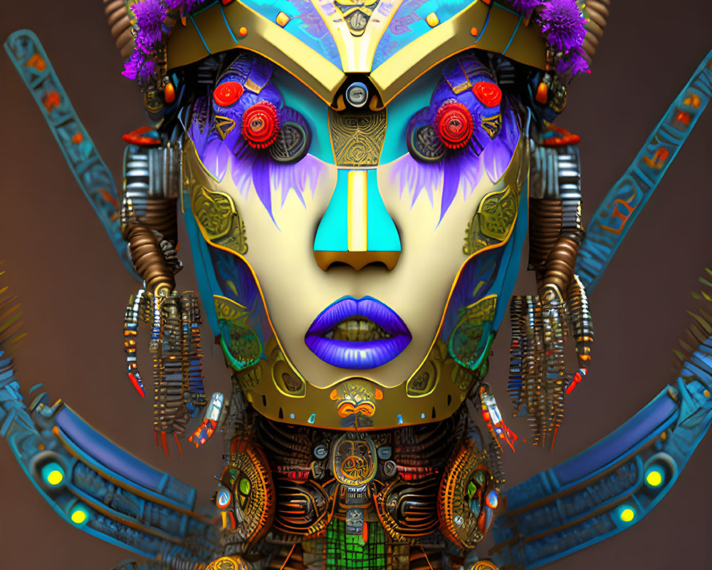 Vibrant digital artwork of futuristic humanoid mask with intricate patterns