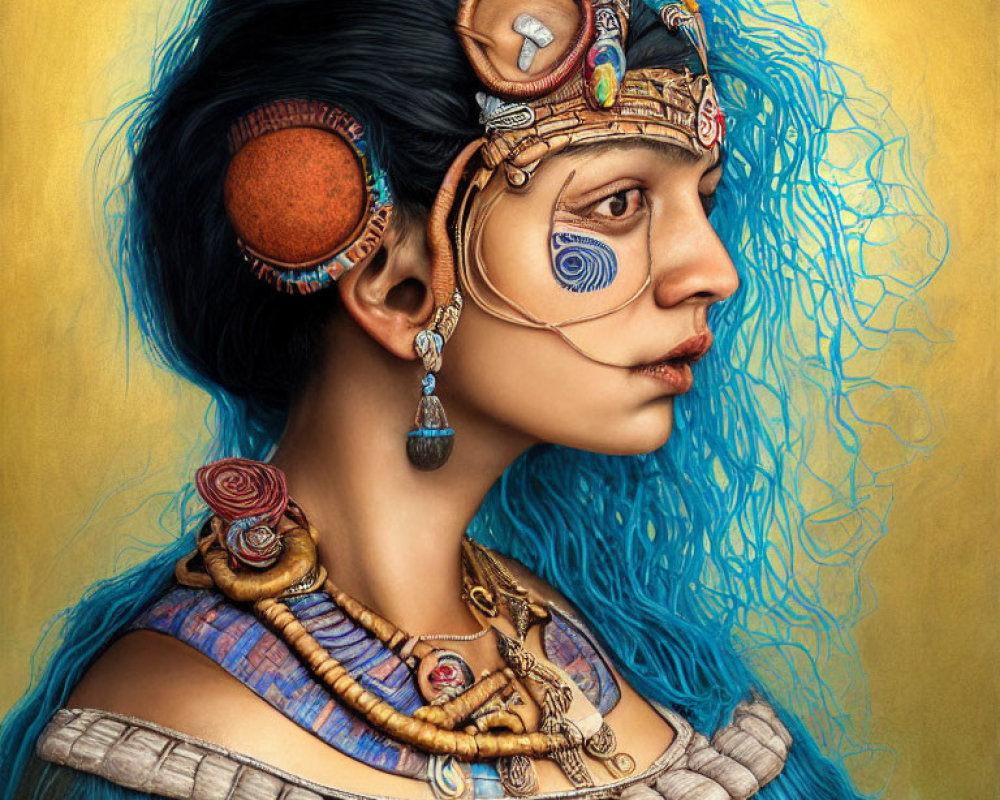 Blue-haired woman with tribal jewelry in intricate headdress and earrings on yellow background