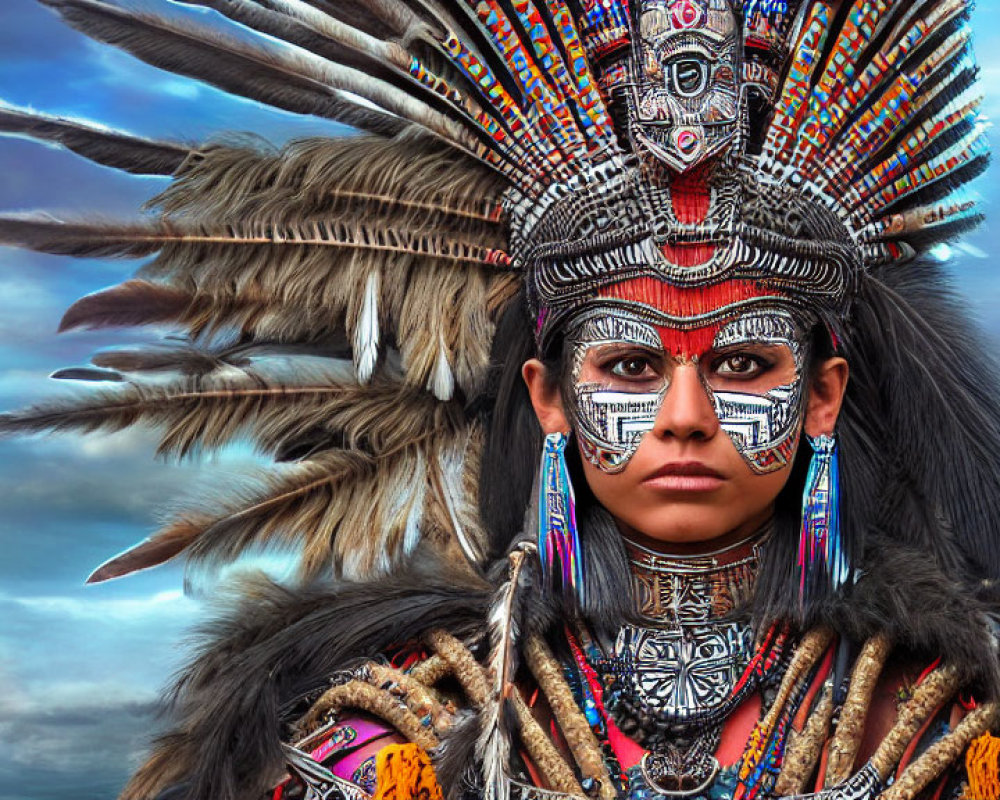 Indigenous person in feather headdress and face paint under cloudy sky