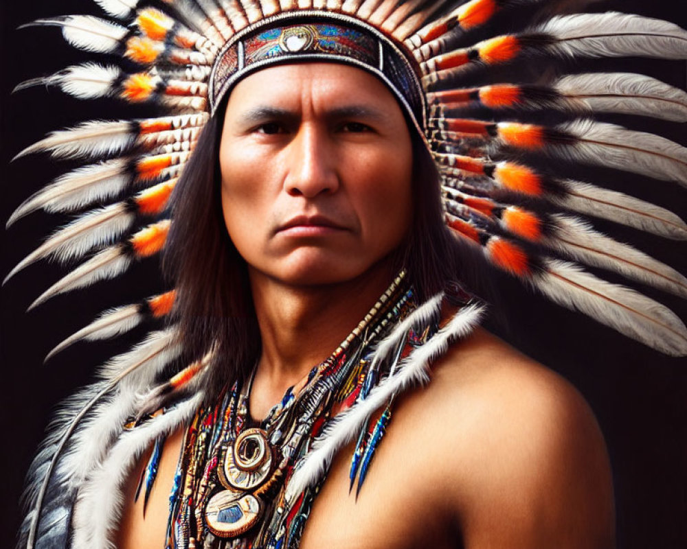 Traditional Native American man in feathered headdress and beadwork, displaying serious expression