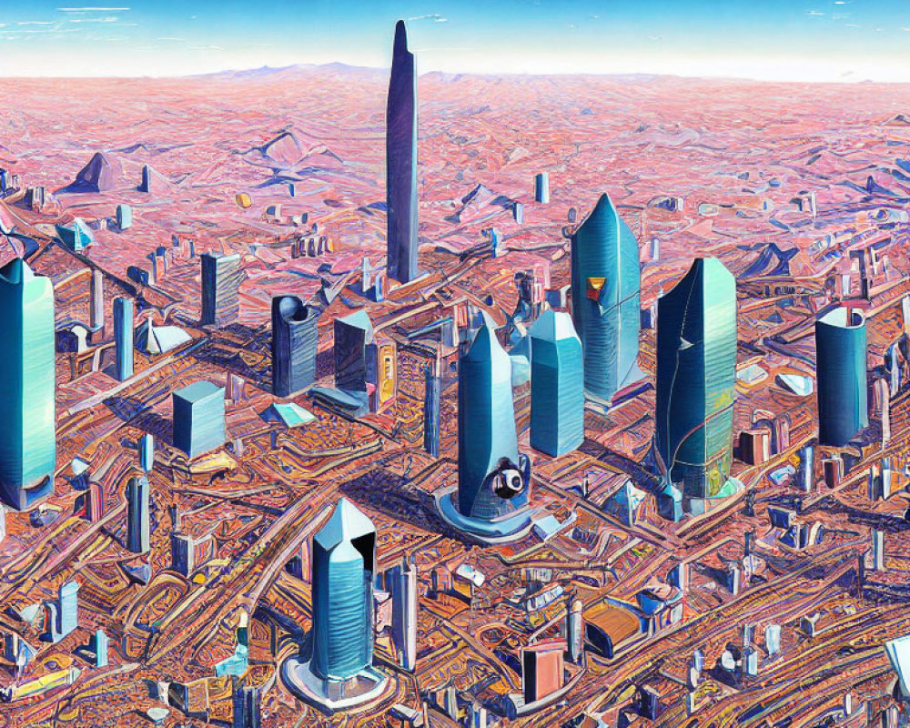 Detailed futuristic cityscape with skyscrapers and roads in desert terrain