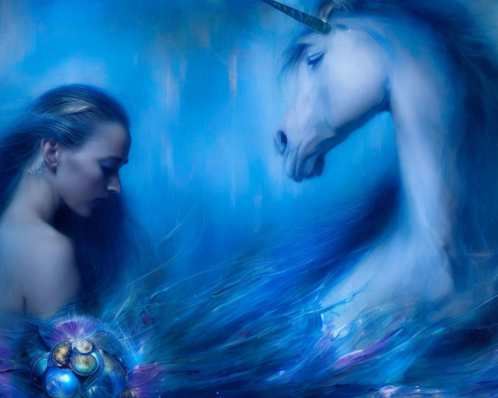 Mystical woman and unicorn in dreamy blue haze