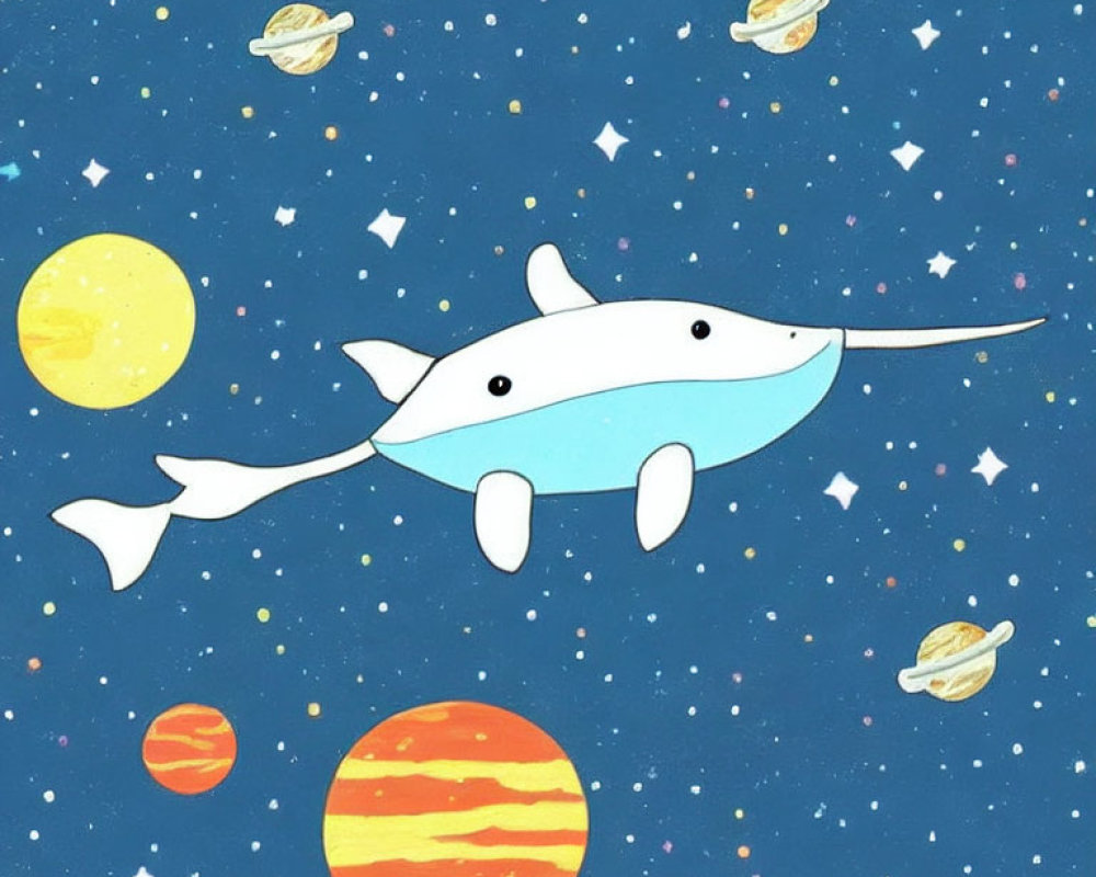 Whimsical light blue narwhal swimming in starry space