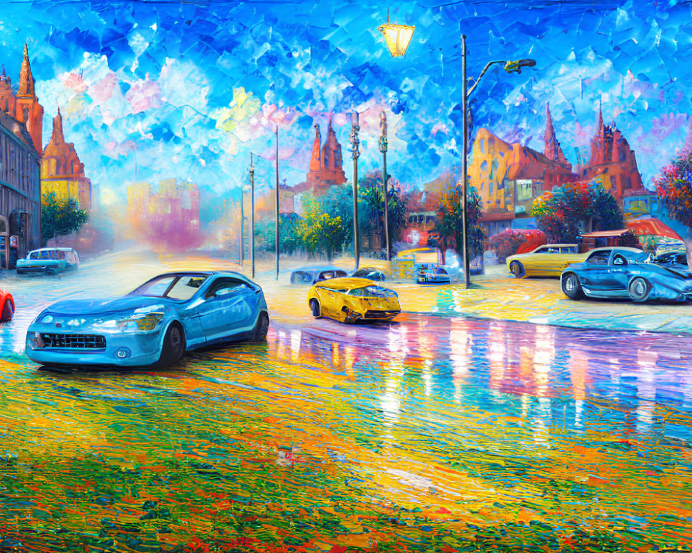 Impressionist-style painting of rainy street scene with colorful cars and historical buildings