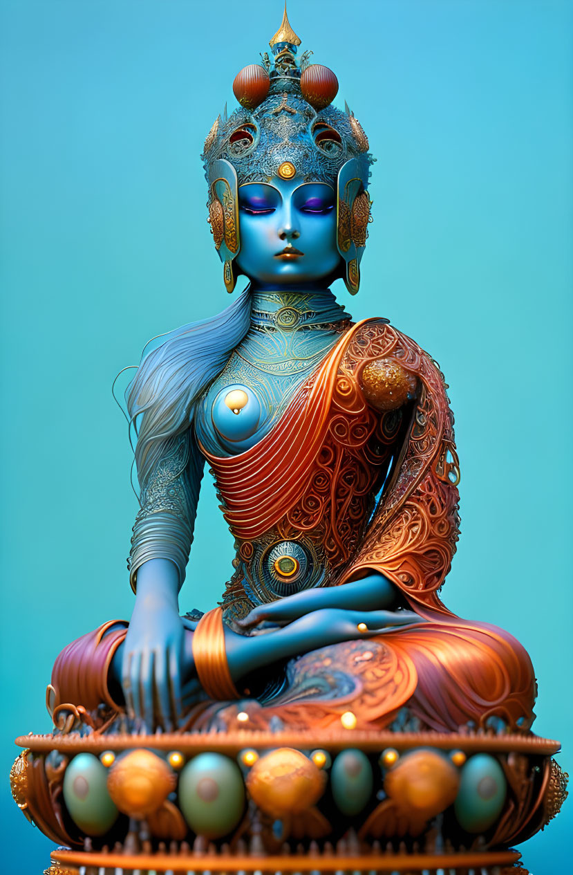 Colorful deity statue with blue skin and ornate head ornaments in meditative pose