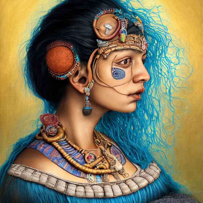 Blue-haired woman with tribal jewelry in intricate headdress and earrings on yellow background