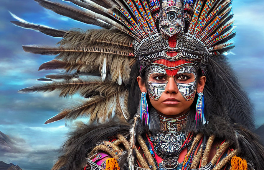 Indigenous person in feather headdress and face paint under cloudy sky