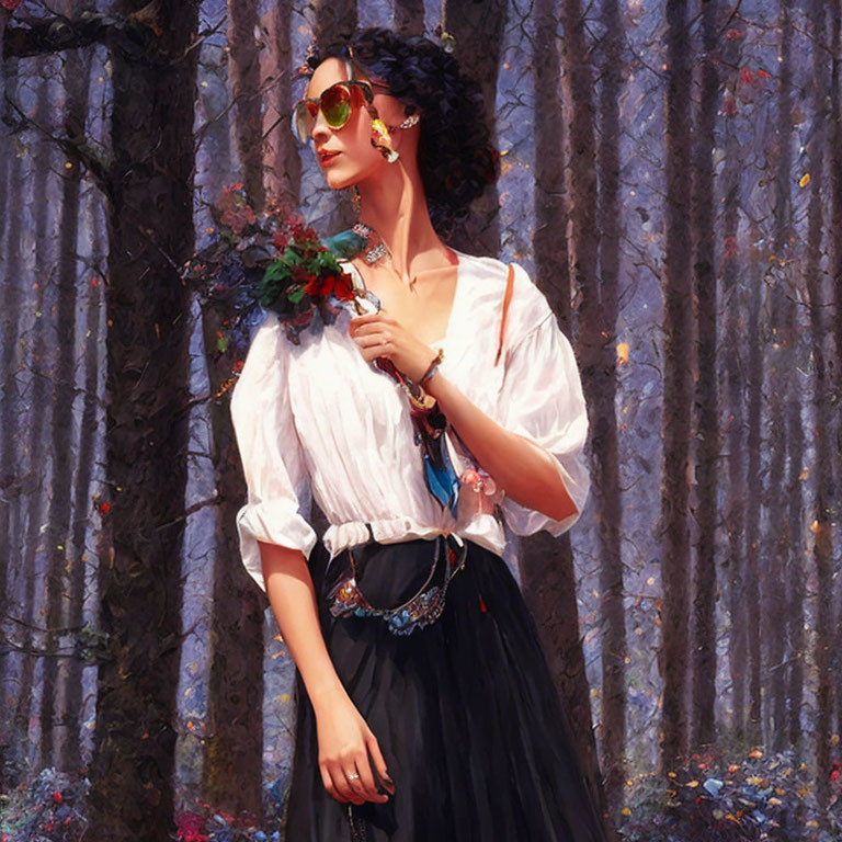 Woman in white blouse and black skirt with flowers, sunglasses, and earrings in forest.