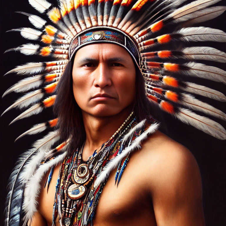 Traditional Native American man in feathered headdress and beadwork, displaying serious expression