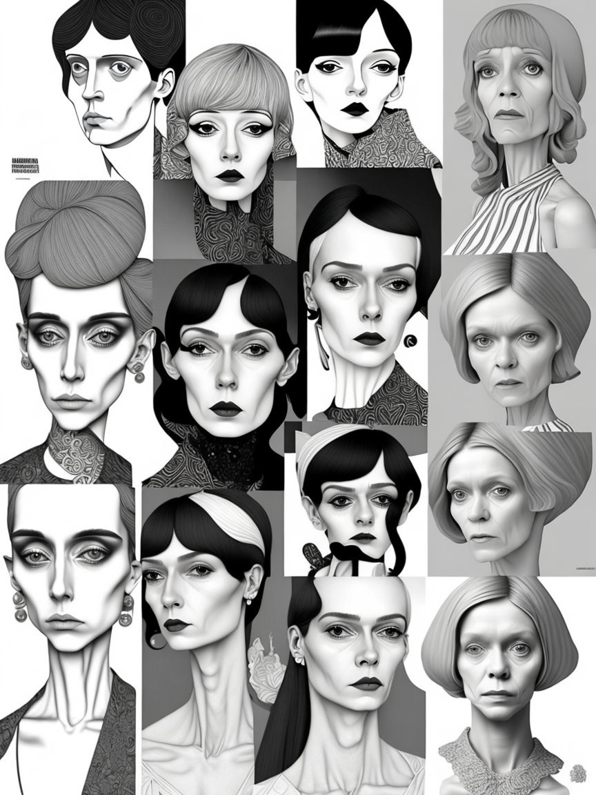 Stylized grayscale collage of female portraits with unique features