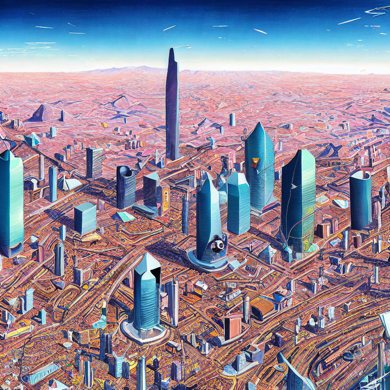 Detailed futuristic cityscape with skyscrapers and roads in desert terrain