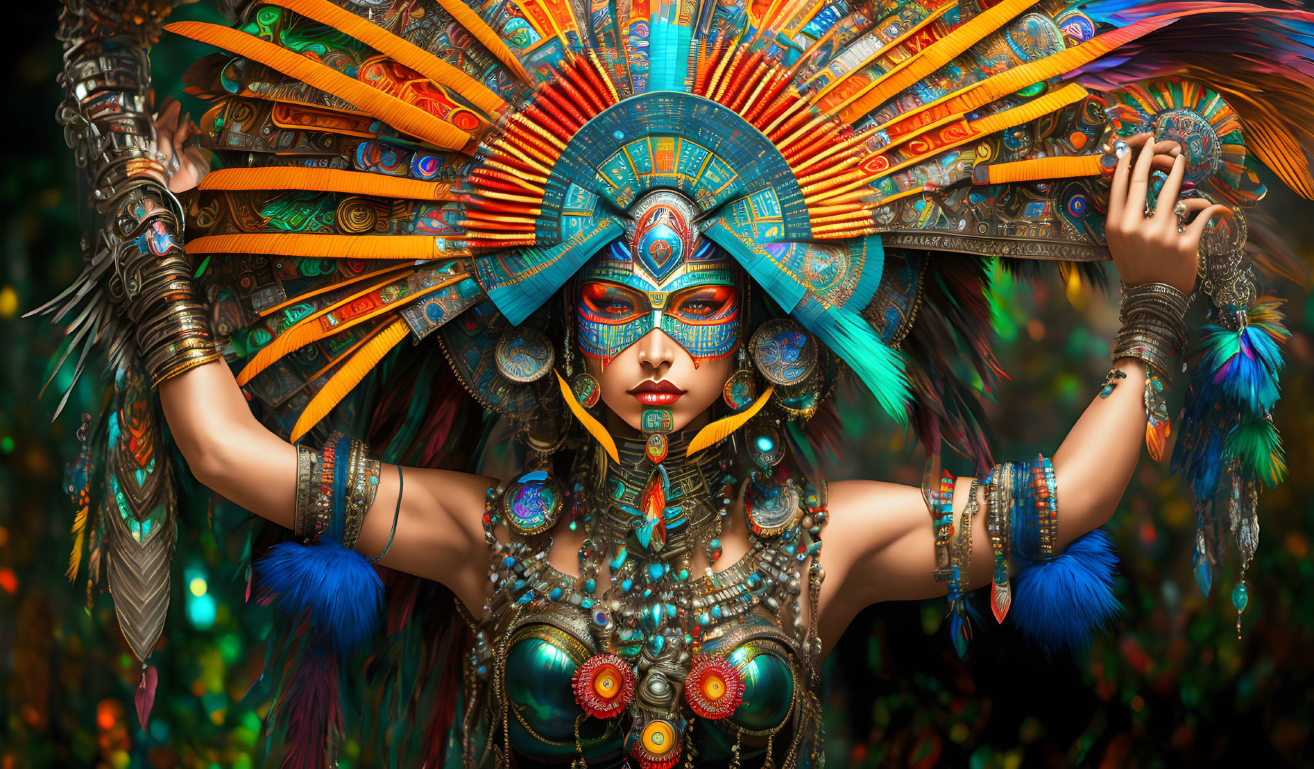 Elaborate Aztec-inspired costume with feathered headdress