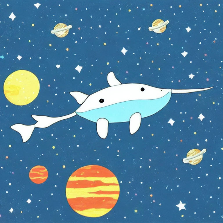 Whimsical light blue narwhal swimming in starry space