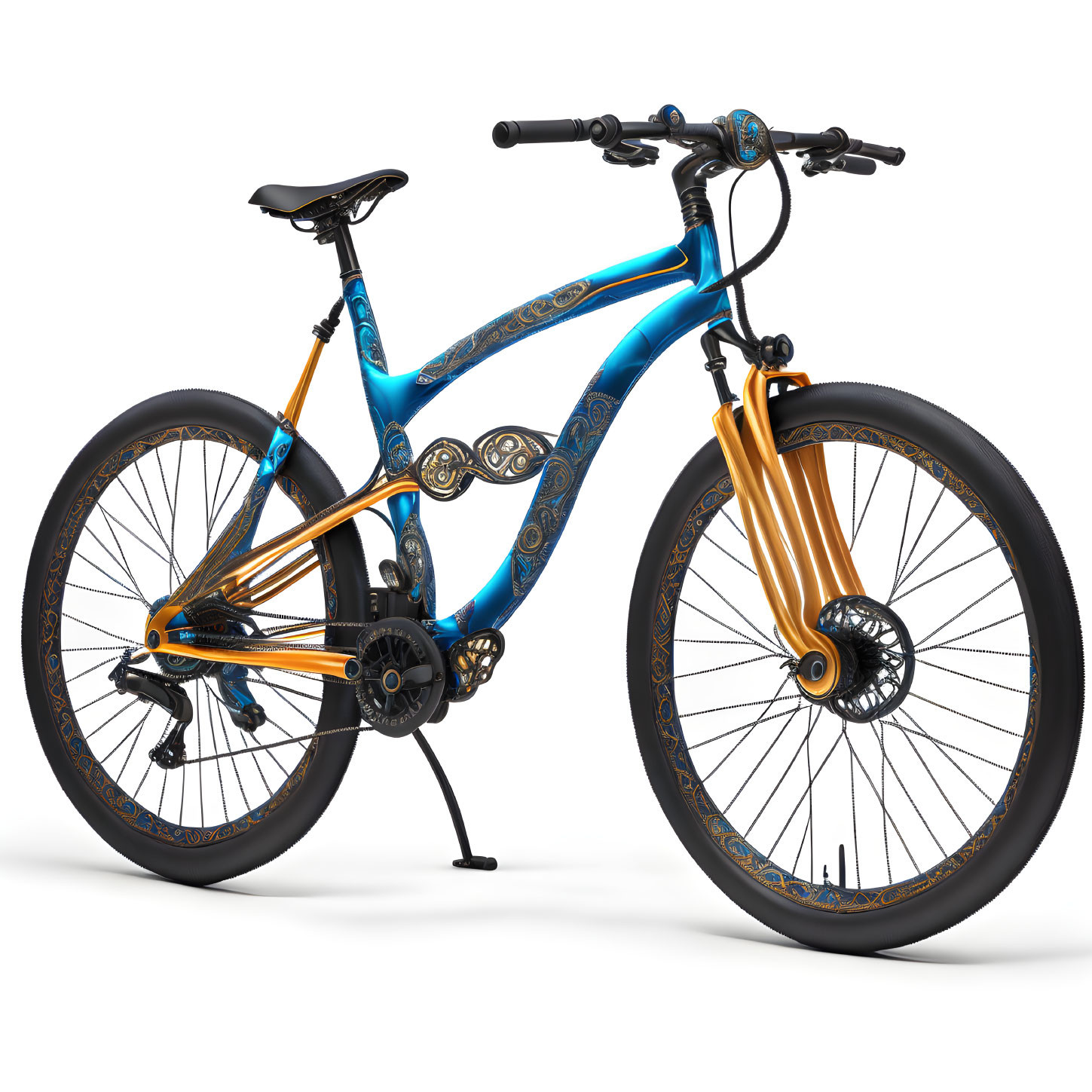 Blue and Gold Mountain Bike with Dual Suspension and Disc Brakes