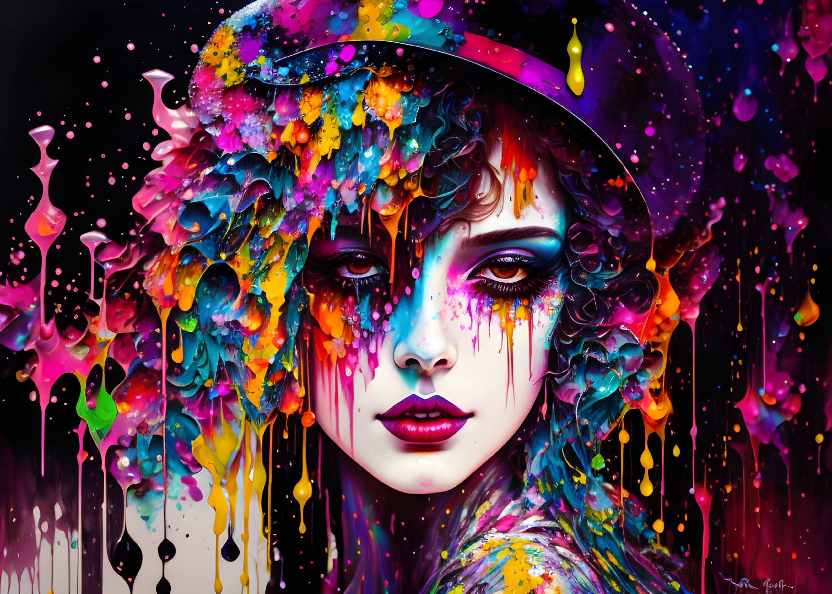 Colorful portrait with melting paint effects on face, hat, and shoulders on dark background