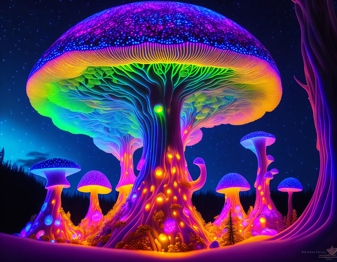 Vibrant digital art: Neon-colored mushrooms on starry sky.