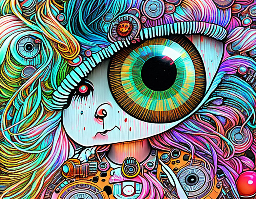 Colorful artwork featuring stylized character with intricate eye and mixed patterns