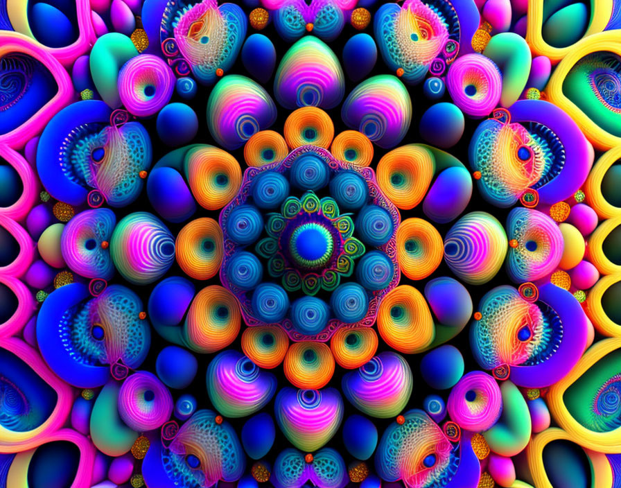 Colorful Symmetrical Fractal Design with Blue, Purple, Yellow, and Pink