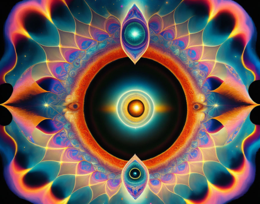 Symmetrical blue and orange fractal with eye-like shapes - mystical and psychedelic vibe