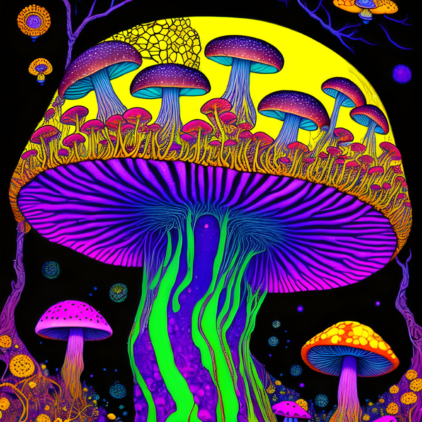 Colorful Psychedelic Mushroom Illustration on Black Background