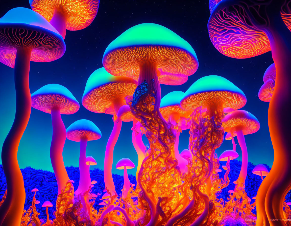 Colorful digital art: Fluorescent mushrooms with fiery orange core under starry night sky